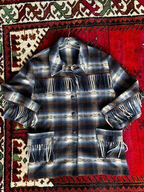 TWO ROADS Vintage Navajo Wool Blend Plaid Fringe Lightweight Jacket Large